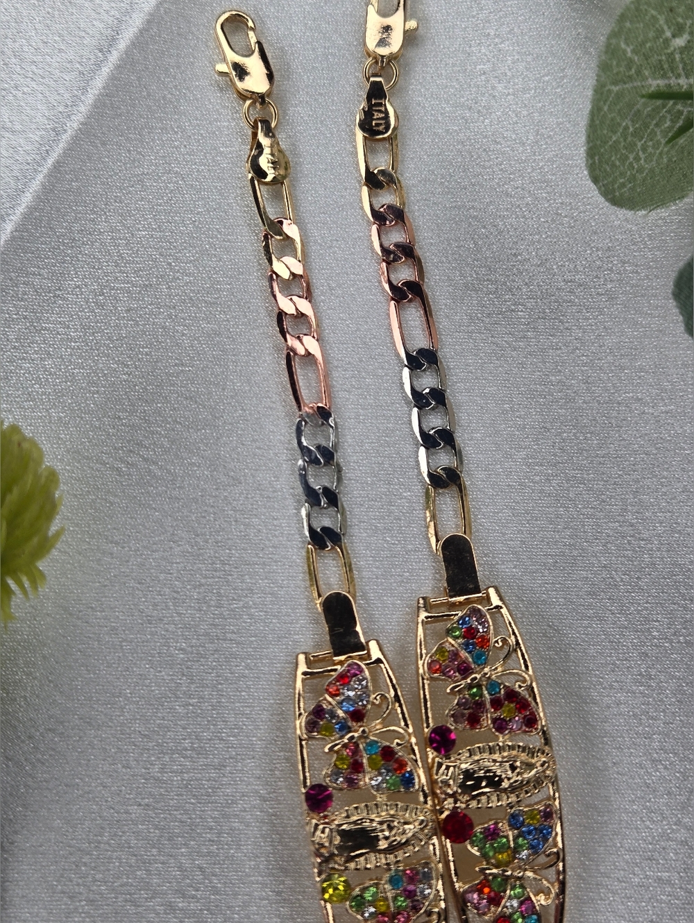 Virgen Guadalupe Bracelet with Butterfly Stones Multicolor 14K Gold Plated.